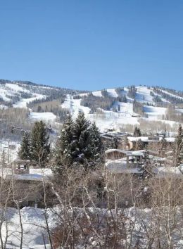 A snowy mountain landscape with ski slopes, evergreen trees, and cabins in the foreground under a clear blue sky.