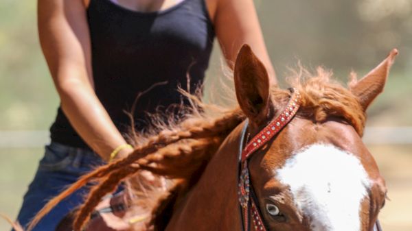 A person wearing a helmet and tank top rides a brown and white horse outdoors, holding the reins while focusing on something ahead.