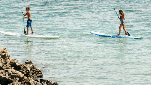 Two people are stand-up paddleboarding on a calm, clear sea near some rocky terrain.