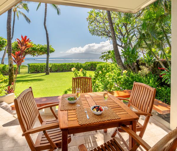 A scenic outdoor patio with a wooden dining set, fruit bowls on the table, overlooking a lush garden and ocean view under a clear blue sky, palm trees sway.