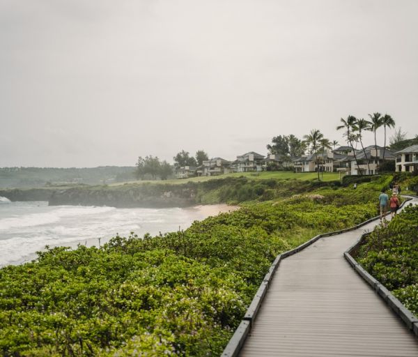 A boardwalk winding through greenery beside a beach with waves, houses, and palm trees in the background, and two people walking.