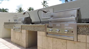 The image shows two stainless steel outdoor grills embedded in a stone countertop setup, with gooseneck reading lamps and a tropical background.