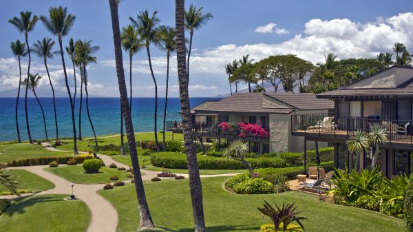 A resort with palm trees, lush greenery, and a path leading to the ocean. Two-story buildings with balconies overlook the scenic view.