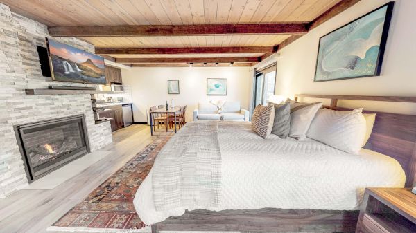 A cozy, modern studio apartment features a bed, fireplace, TV, kitchen, dining area, sofa, and artwork on the walls, with visible wooden ceiling beams.