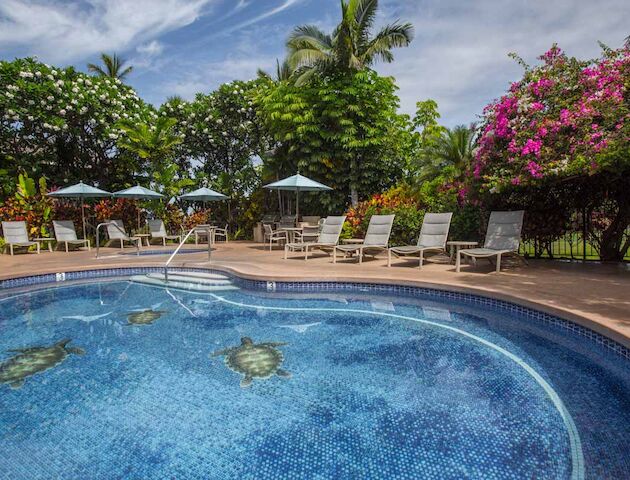 An outdoor pool with turtle mosaics on the bottom, surrounded by lounge chairs, umbrellas, lush greenery, and colorful flowers under a blue sky.