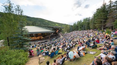 A large outdoor amphitheater nestled in a forest setting with a crowd gathered on the grass for a performance.